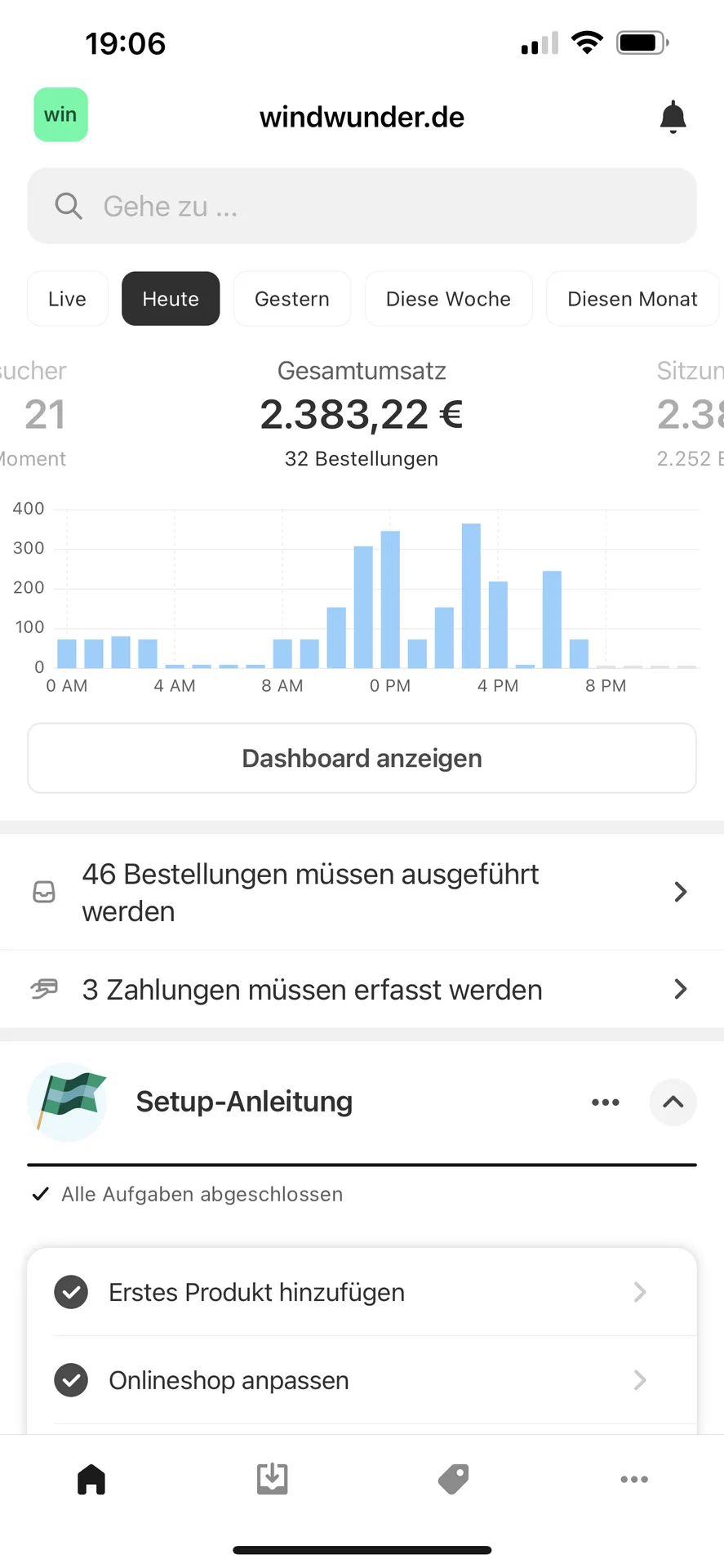 Shopify Dashboard — Eigene Marke windwunder.de mit abgeschlossenem Setup